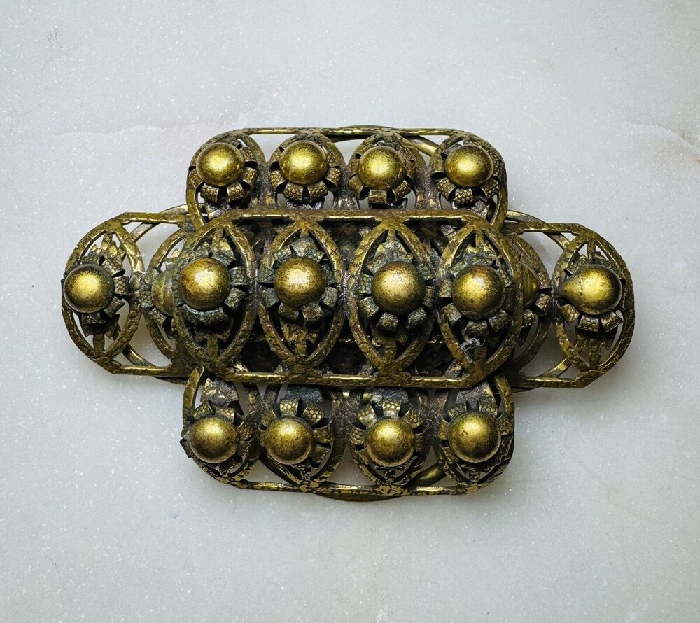 Vtg Antique Gold Tone Art  Nouveau Floral Gold Brooch Pin Large Rectangle Brooch